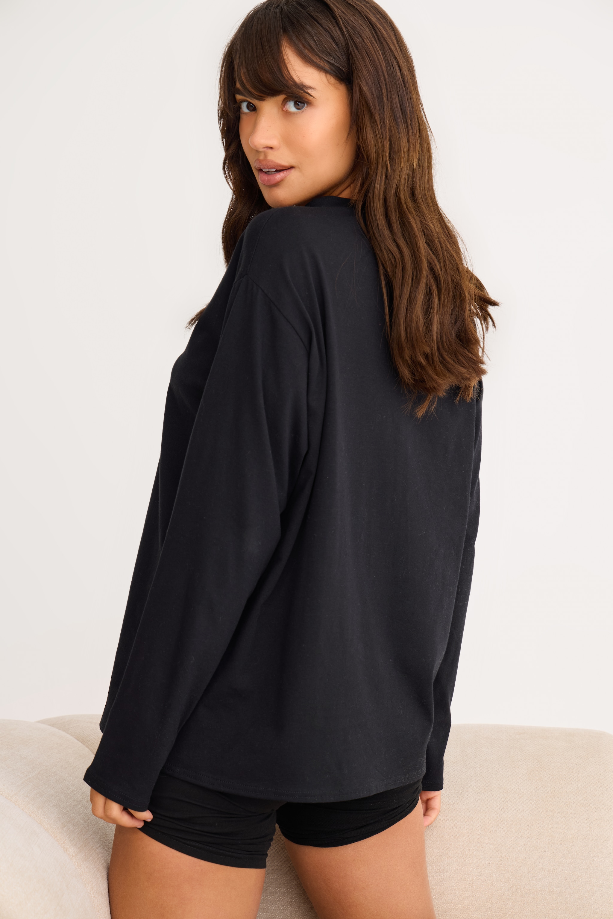 Black Cotton Basic Oversized Long Sleeve T-shirt image 2