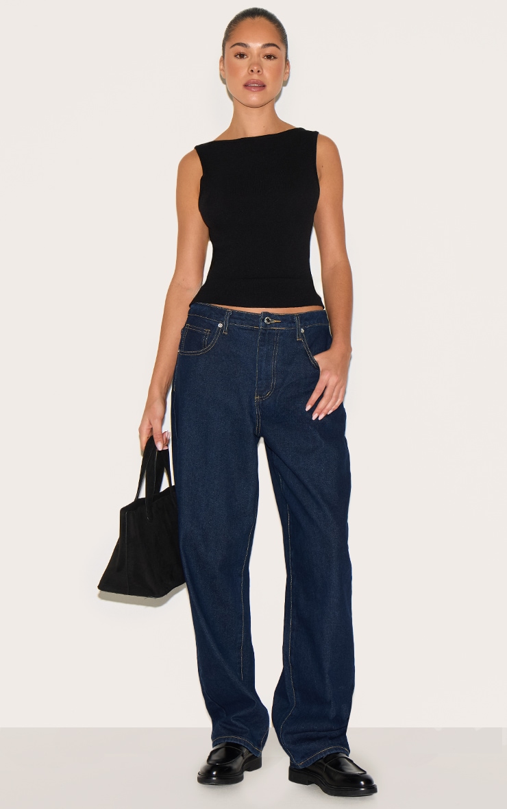 Black Fine Knit Boat Neck Top image 3