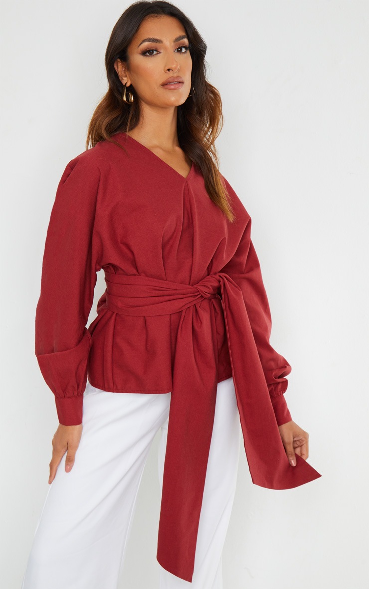 Rust Woven V Neck Tie Waist Blouse