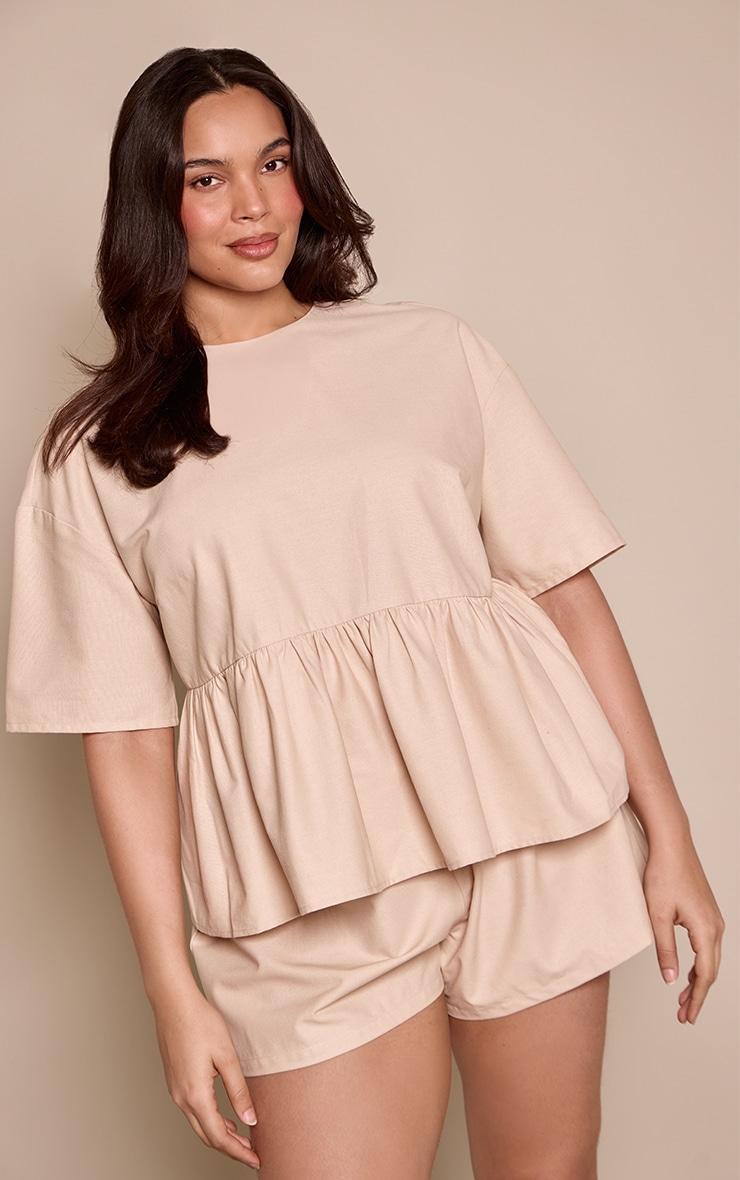 Plus Oatmeal Textured Woven Peplum Hem Top