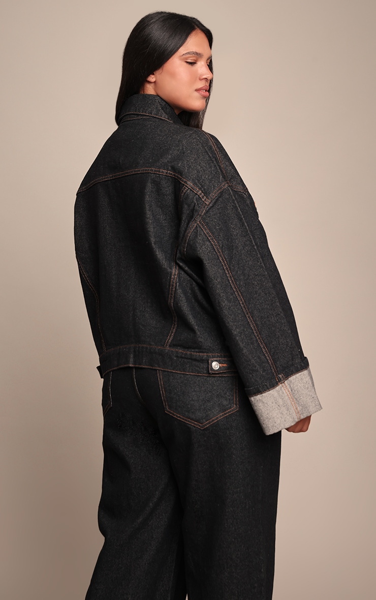 Plus Raw Indigo Wash Turn Up Cuff Contrast Stitch Denim Jacket image 2