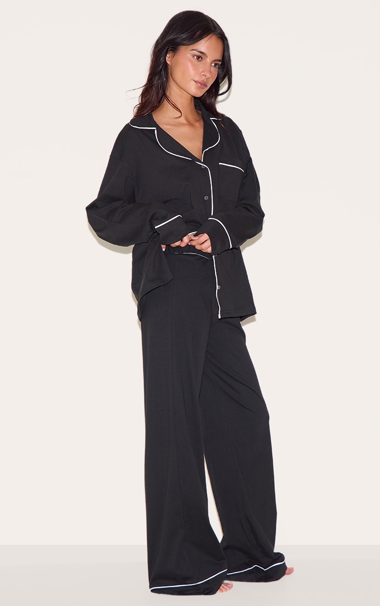 Black Jersey Piping Long Pj Set image 3