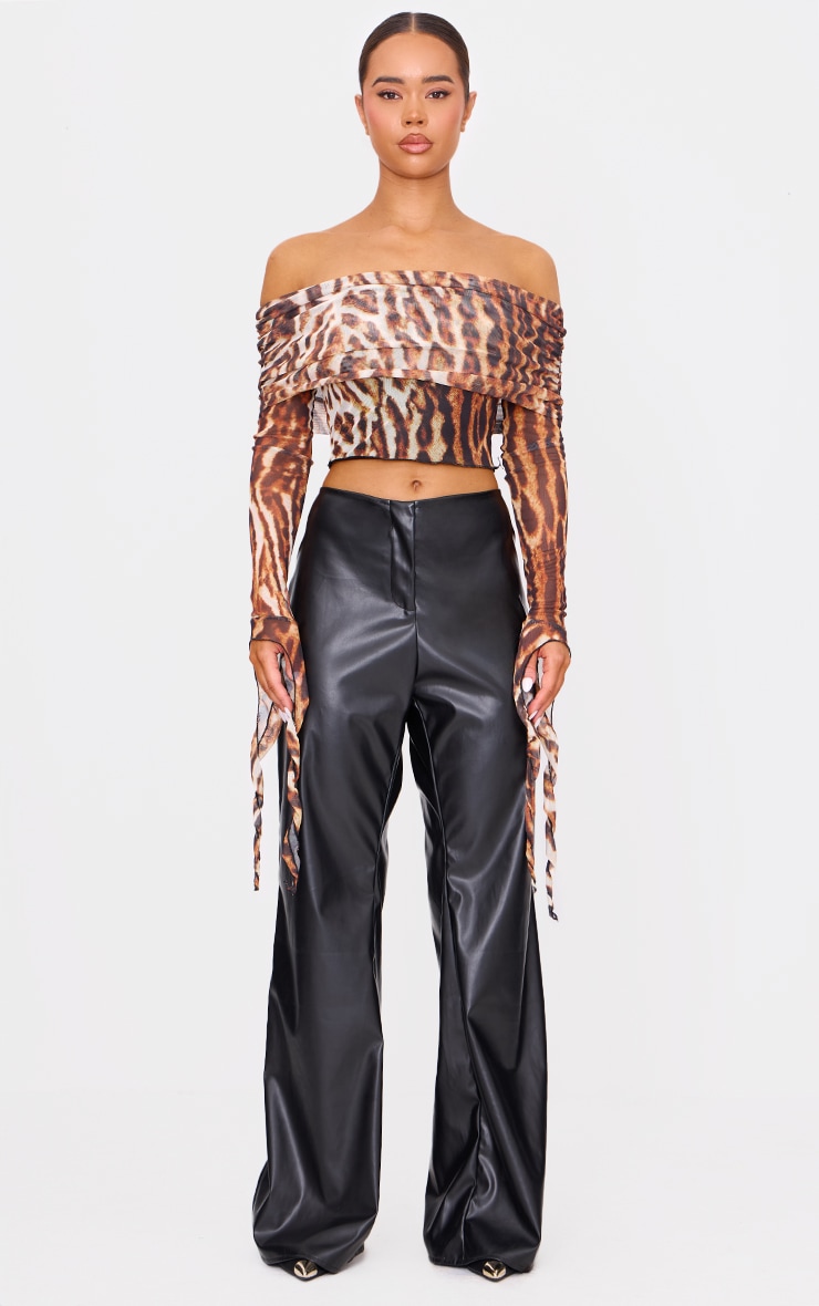 Brown Leopard Mesh Ultra Long Drape Sleeve Crop Top image 3