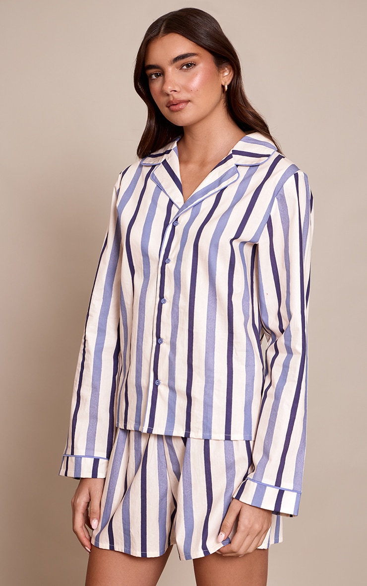 Blue Stripe Poplin Long Sleeve Top and Shorts PJ Set image 1