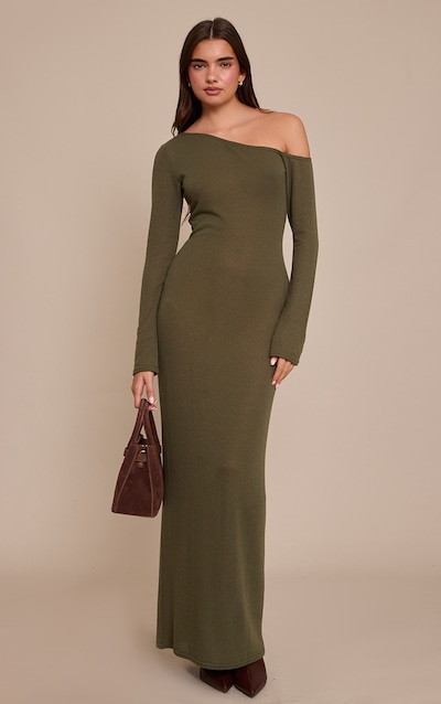 Khaki Textured Jersey Asymmetric Long Sleeve Maxi Dress