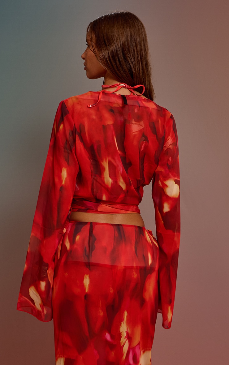Red Printed Chiffon Wrap Waist Beach Top image 2