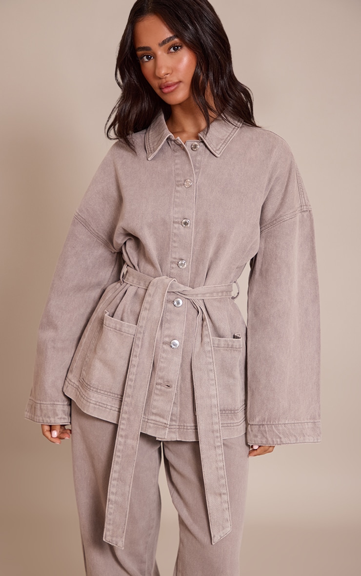 Petite Mushroom Tie Waist Utility Denim Jacket image 1