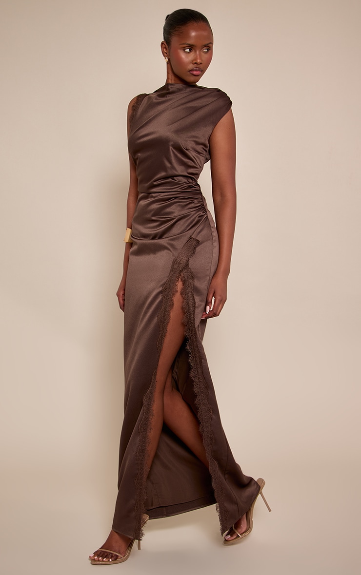 Chocolate Satin Lace Detail Sleeveless Maxi Dress