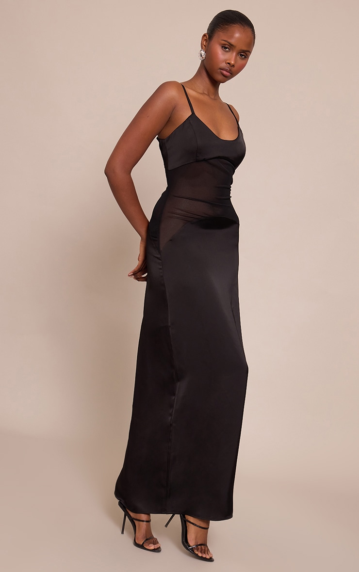 Black Satin Scoop Neck Mesh Detail Maxi Dress image 3