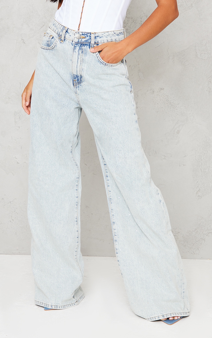 Petite Light Blue Diamante Wide Leg Jeans image 2