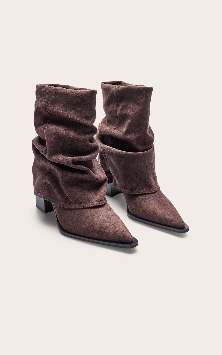 Chocolate Faux Suede Point Toe Slouchy Fold Over Block Heeled Ankle Boots image 3