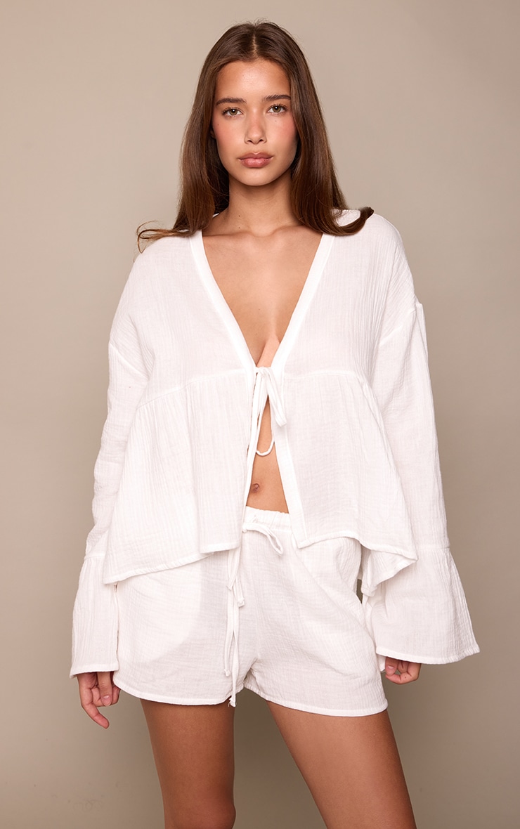 White Cheesecloth Tie Front Blouse