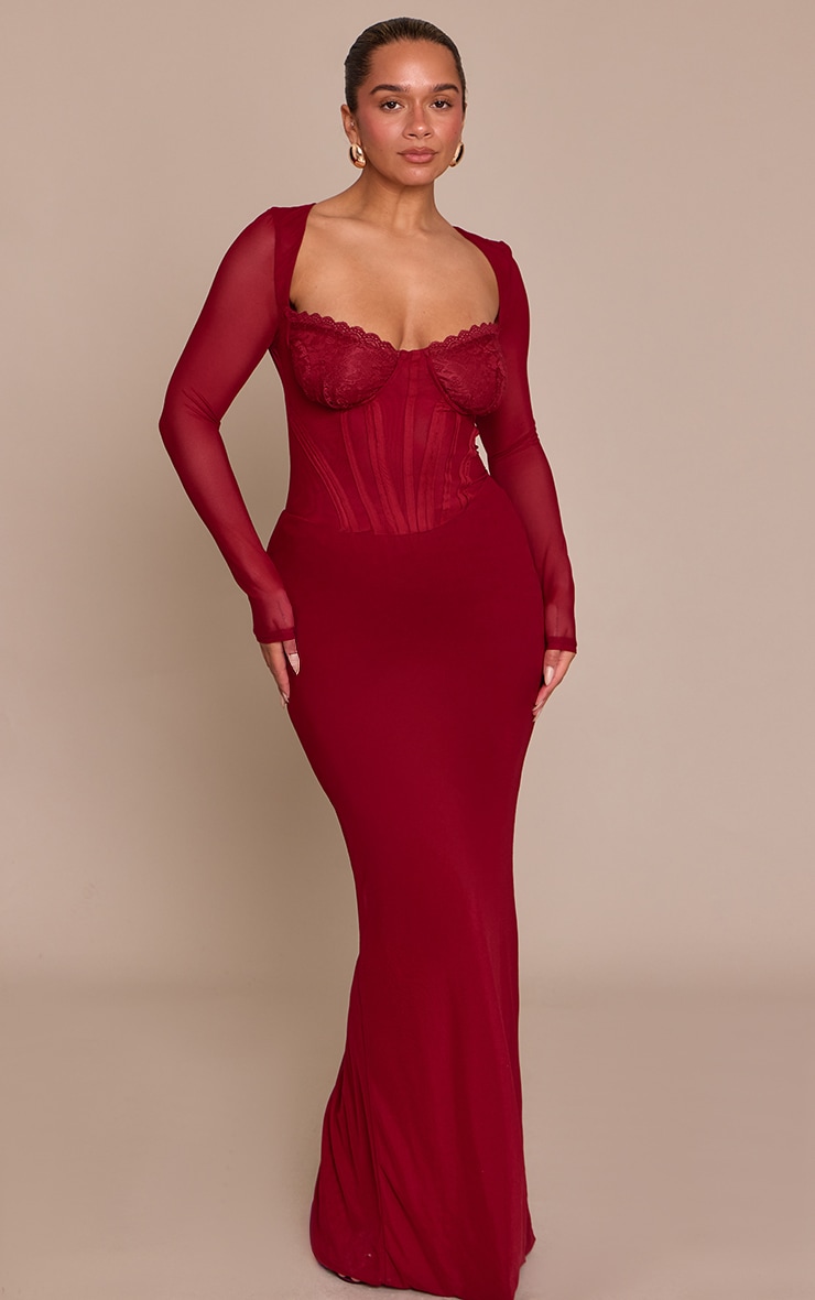 Shape Burgundy Mesh Lace Insert Corseted Maxi Dress