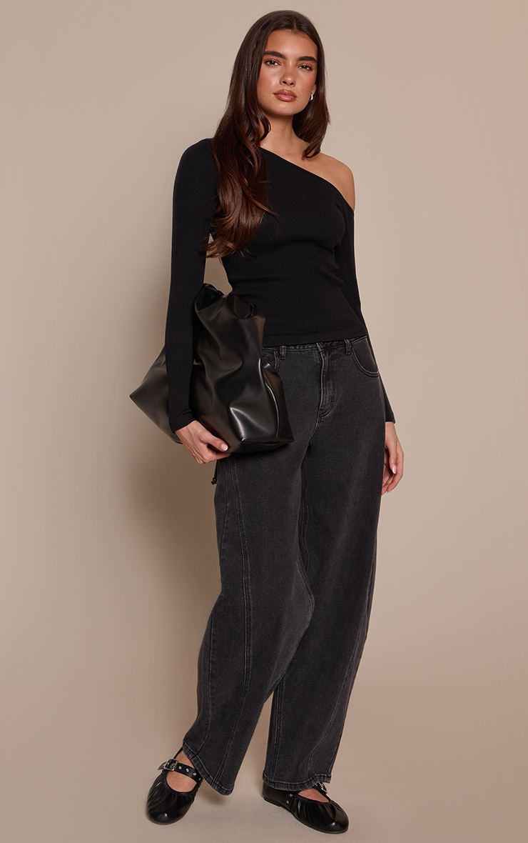 Black Contour Rib Asymmetric Long Sleeve Top   image 3