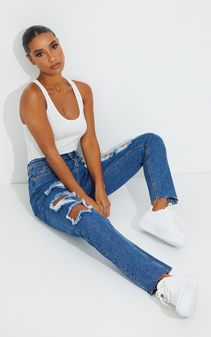 PRETTYLITTLETHING Mid Blue Wash Extreme Ripped Slim Fit Mom Jeans image 1