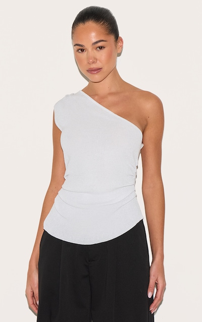 White Fine Knit One Shoulder Ruched Side Top