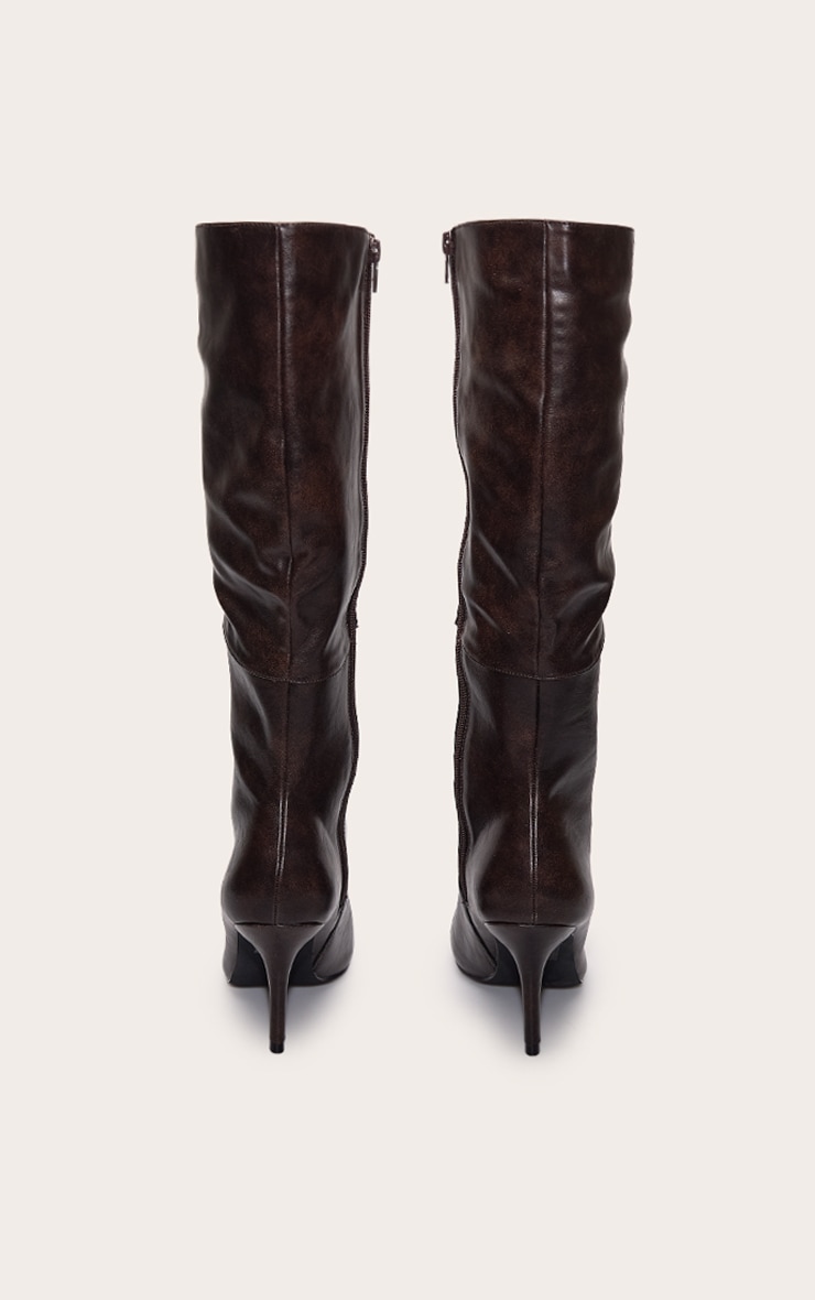 Chocolate PU Seam Detail Heeled Knee High Boot image 4