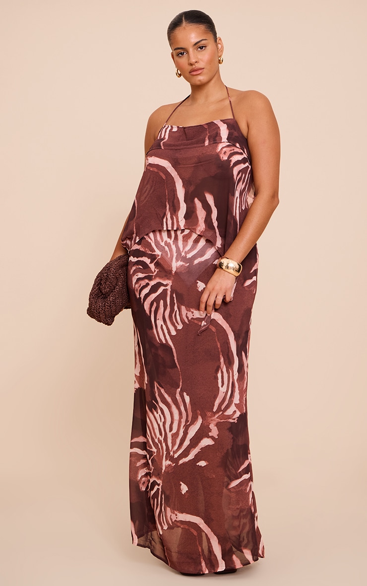 Plus Brown Chiffon Floral Halterneck Strappy Top image 3