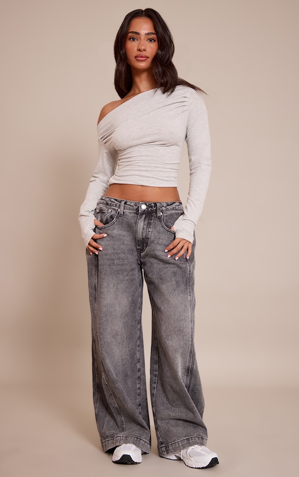 Petite Washed Grey Denim Side Pleated Detail Wide Leg Jeans