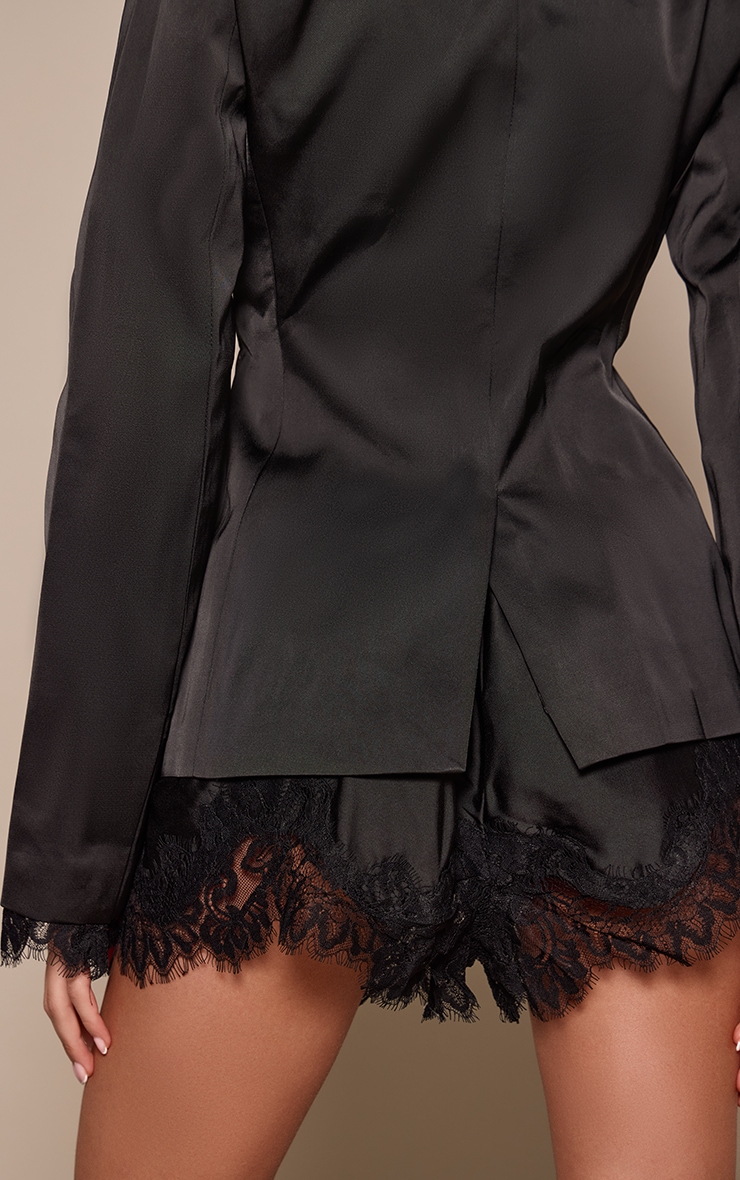 Black Structured Satin Lace Detail Shorts image 3