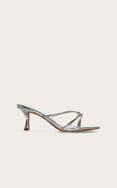 Silver Wide Fit Pu Square Toe Knotted Heel Mules