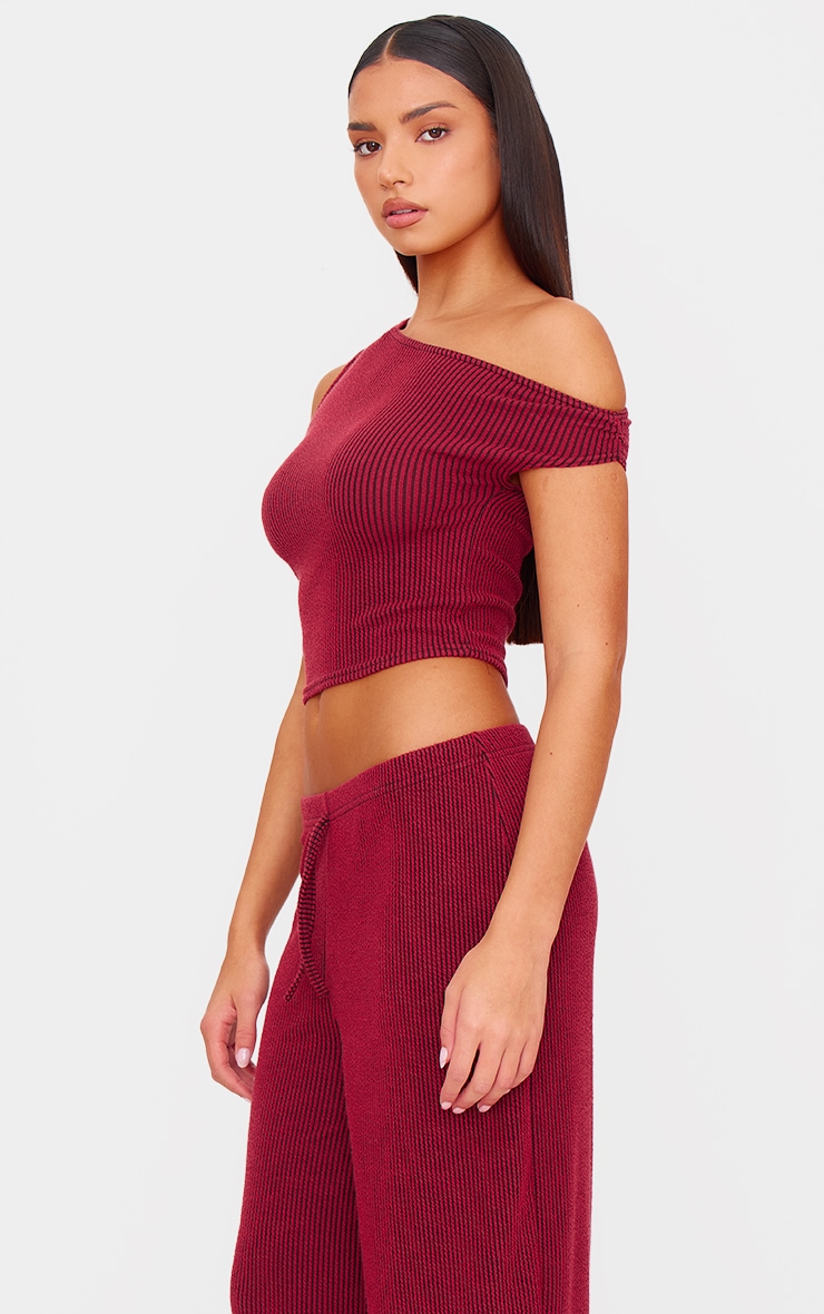 Burgundy Two Tone Crinkle Rib Slouchy Fit Pants image 4
