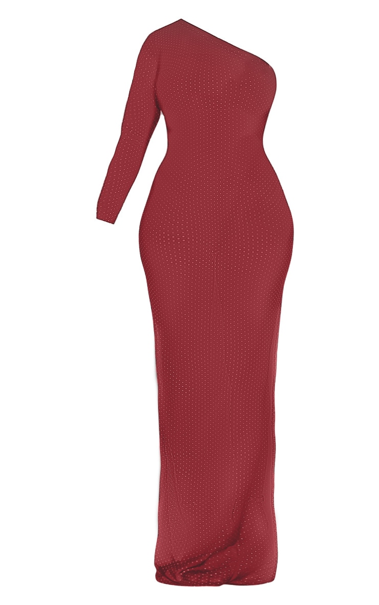 Plus Burgundy Polka Dot Mesh One Shoulder Maxi Dress image 3