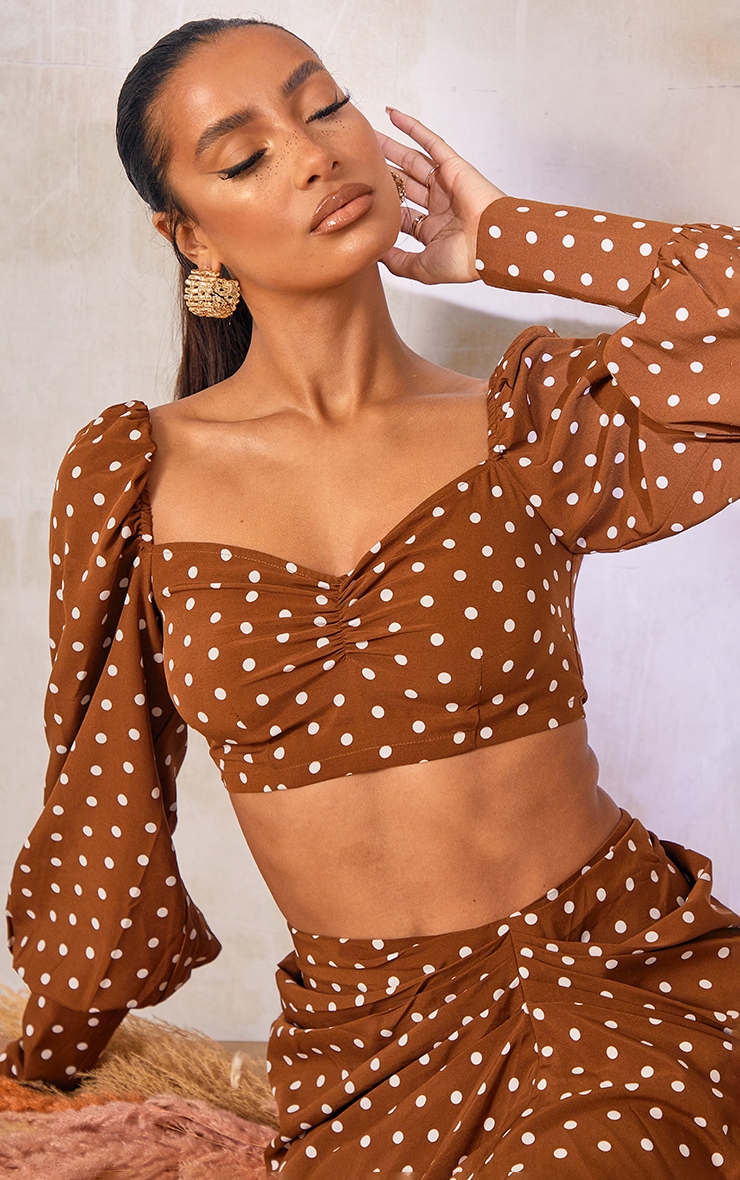 Brown Polka Dot Print Ruched Blouse image 4