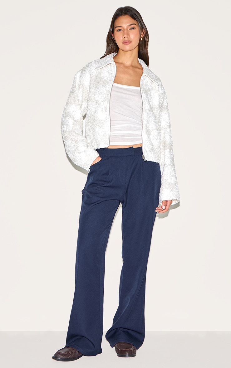 White Floral Detail Boxy Zip Up Jacket | Outerwear White Floral Detail Boxy Zip Up Jacket | Outerwear