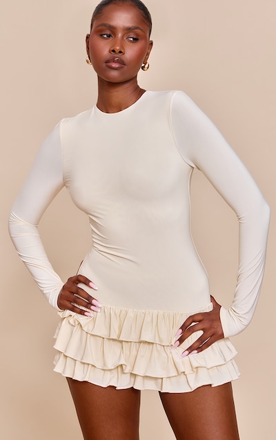 Cream Double Layer Slinky High Neck Long Sleeve Rara Skort Romper