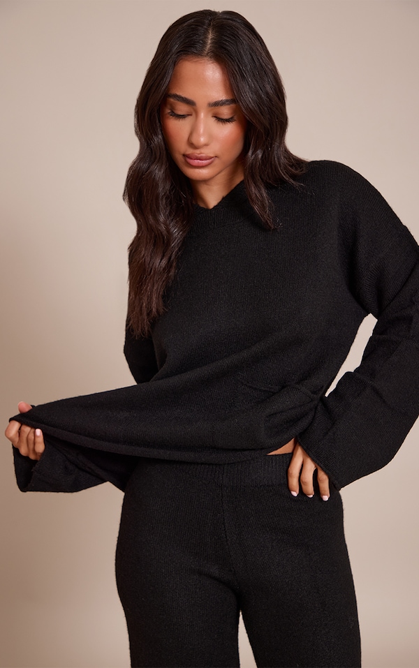 Petite Black Luxe Knit Pocket Hooded Sweater