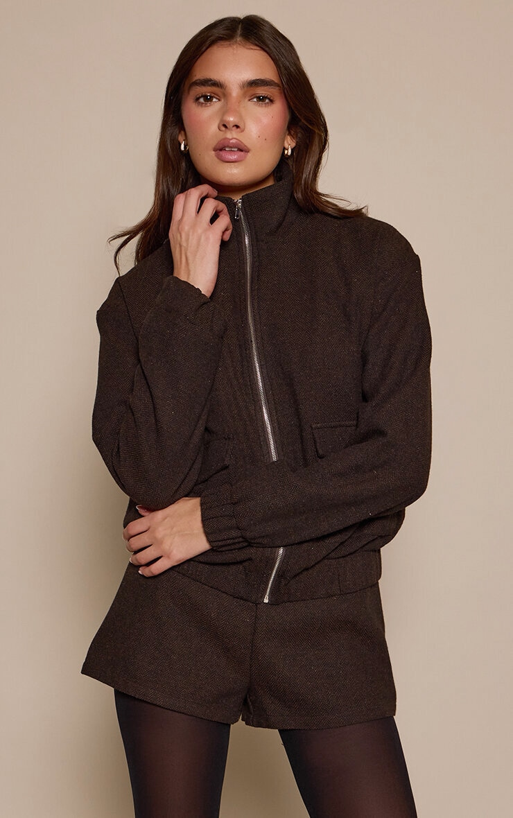 Brown Herringbone Tailored Mini Shorts image 2
