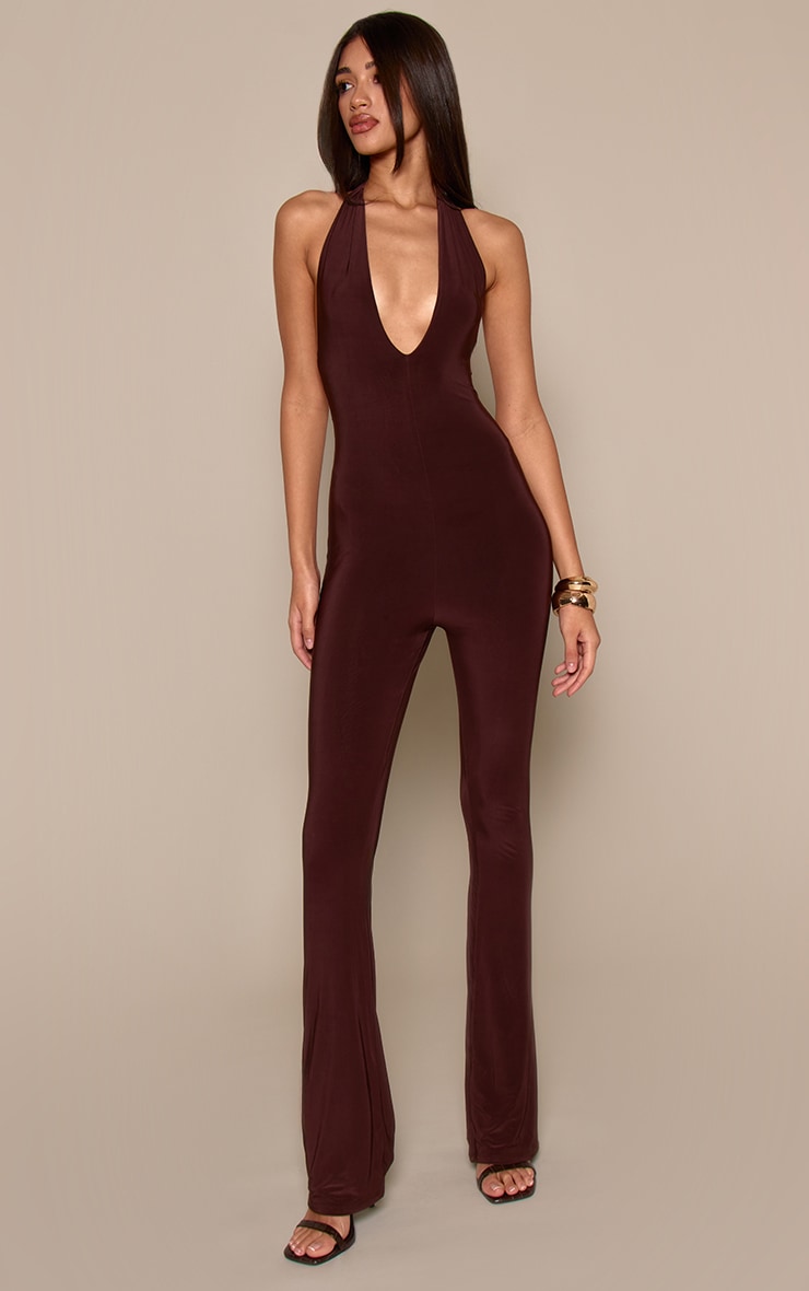 Chocolate Double Layer Slinky Halter Neck Plunge Jumpsuit image 1
