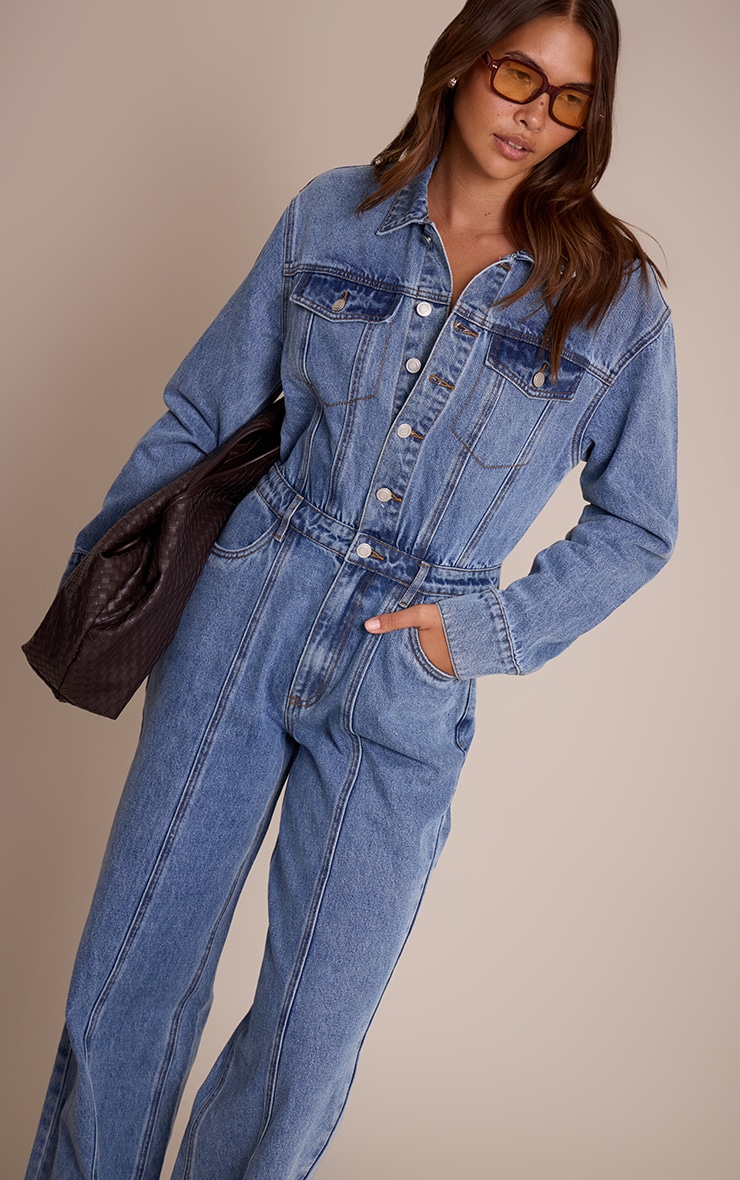 Mid Blue Contrast Stitch Long Sleeve Denim Jumpsuit image 4