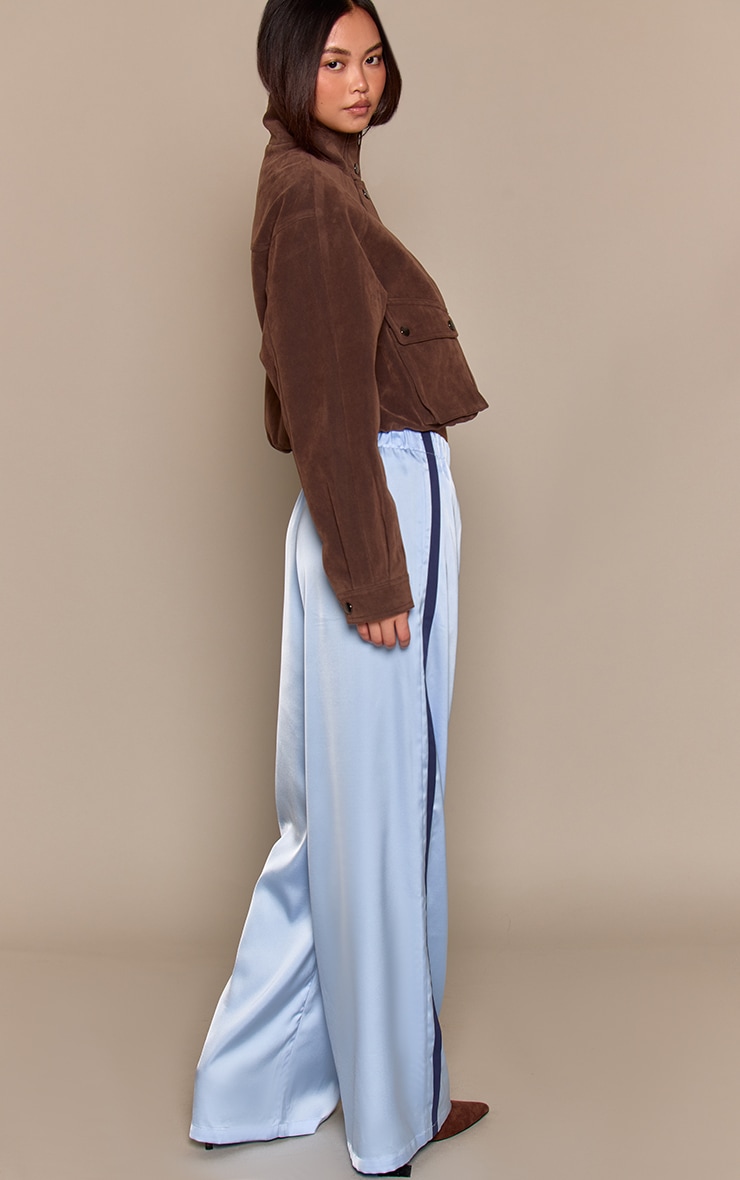 Blue Satin Contrast Stripe Wide Leg Trousers image 3