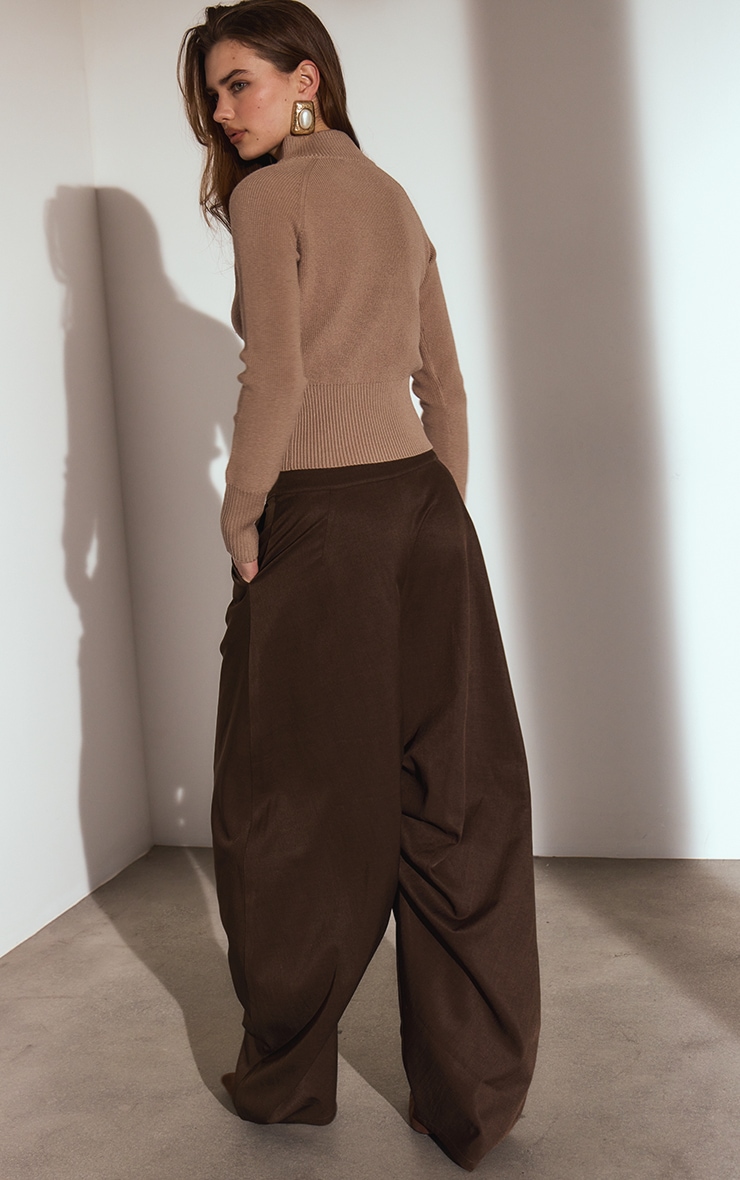 Dark Chocolate Woven Pleated Barrel Leg Trousers image 3