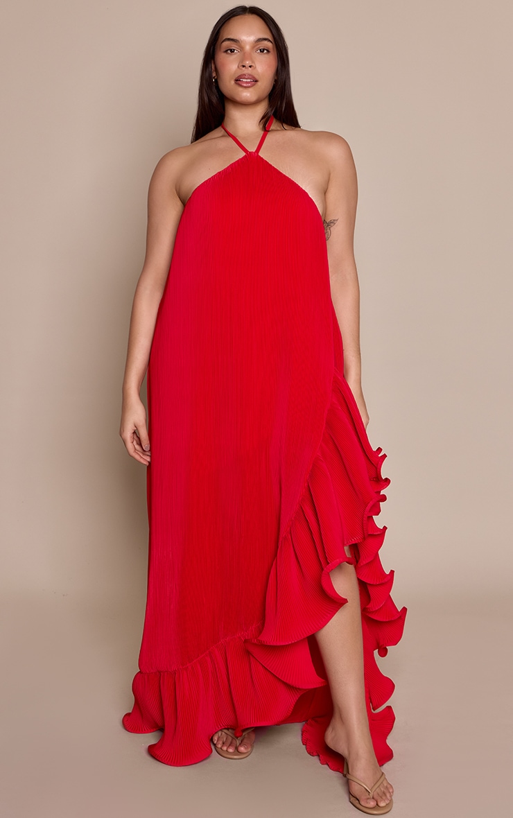 Plus Red Satin Plisse Frill Detail Maxi Dress