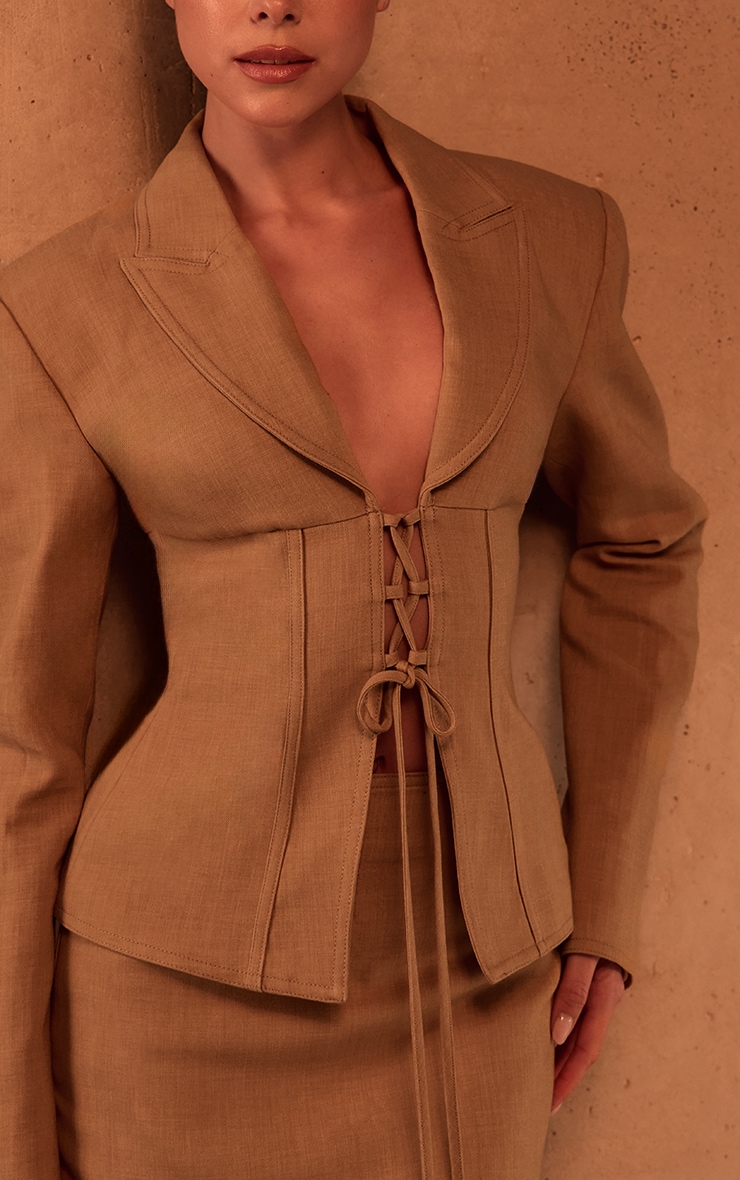 PLT Label Light Tobacco Tailored Lace Up Corset Blazer image 4