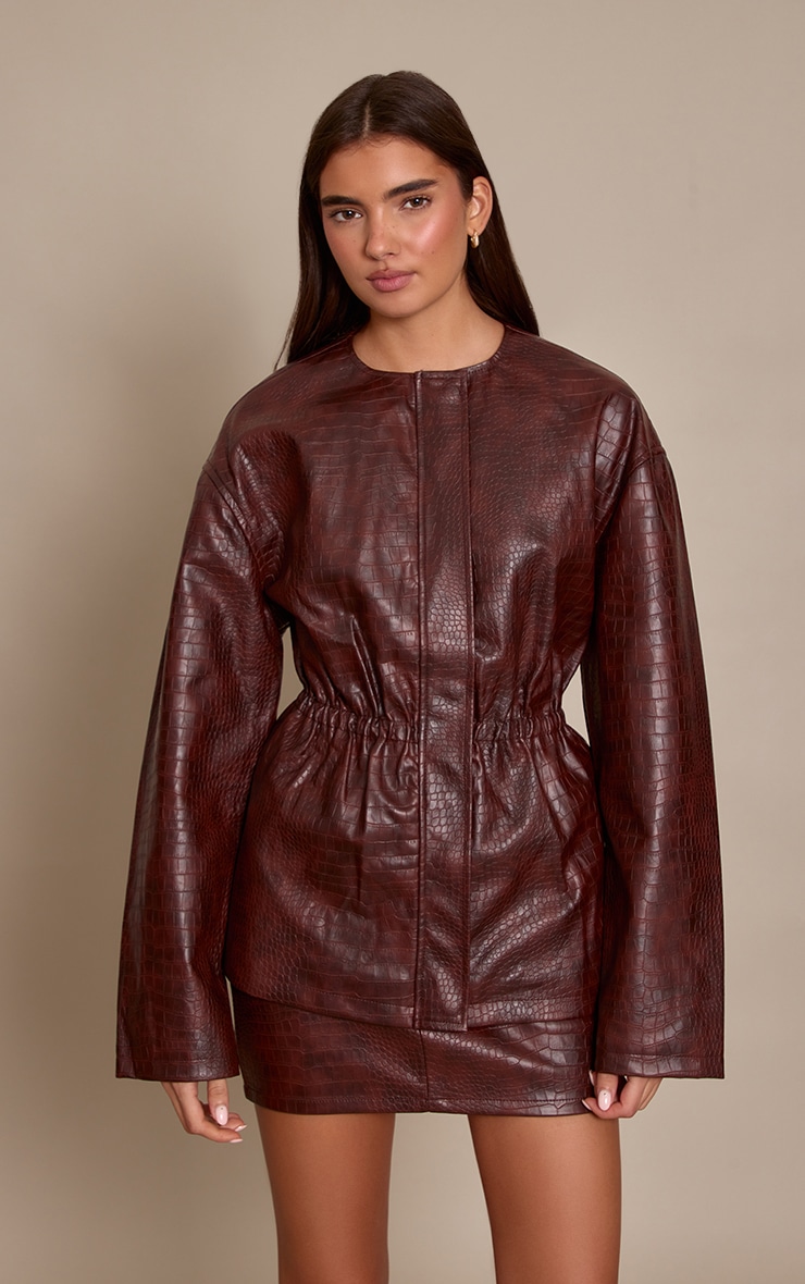 Brown Croc Faux Leather Mini Skirt image 4