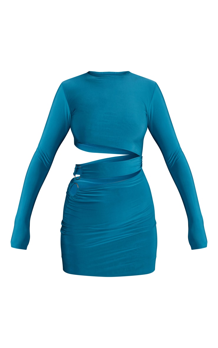 Teal Green Slinky Cut Out Waist Ring Detail Bodycon Dress image 5