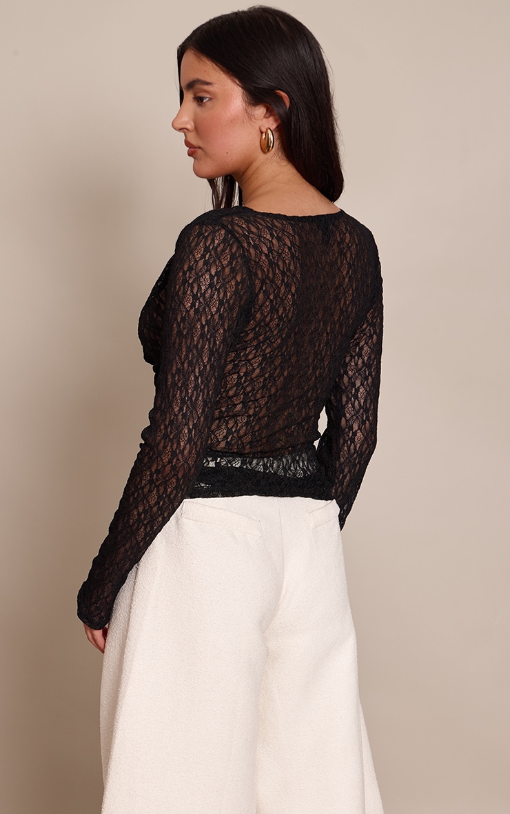 Black Sheer Lace Cowl Neck Long Sleeve Top image 2