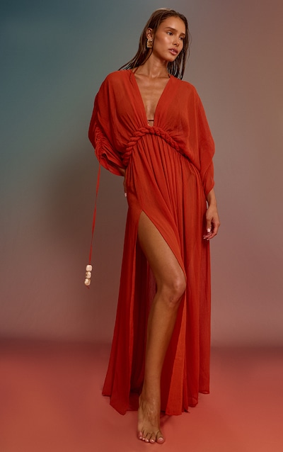 Robe de plage bohème en mousseline de soie texturée rouille à détail torsadé