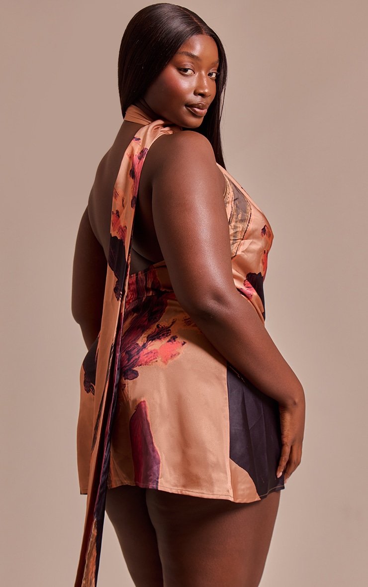 Plus Burnt Orange Floral Printed Satin Mini Dress image 2