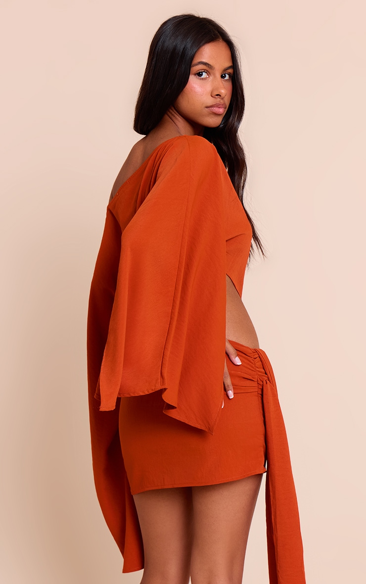 Petite Rust Floaty Woven Slash Neck Long Sleeve Top image 2
