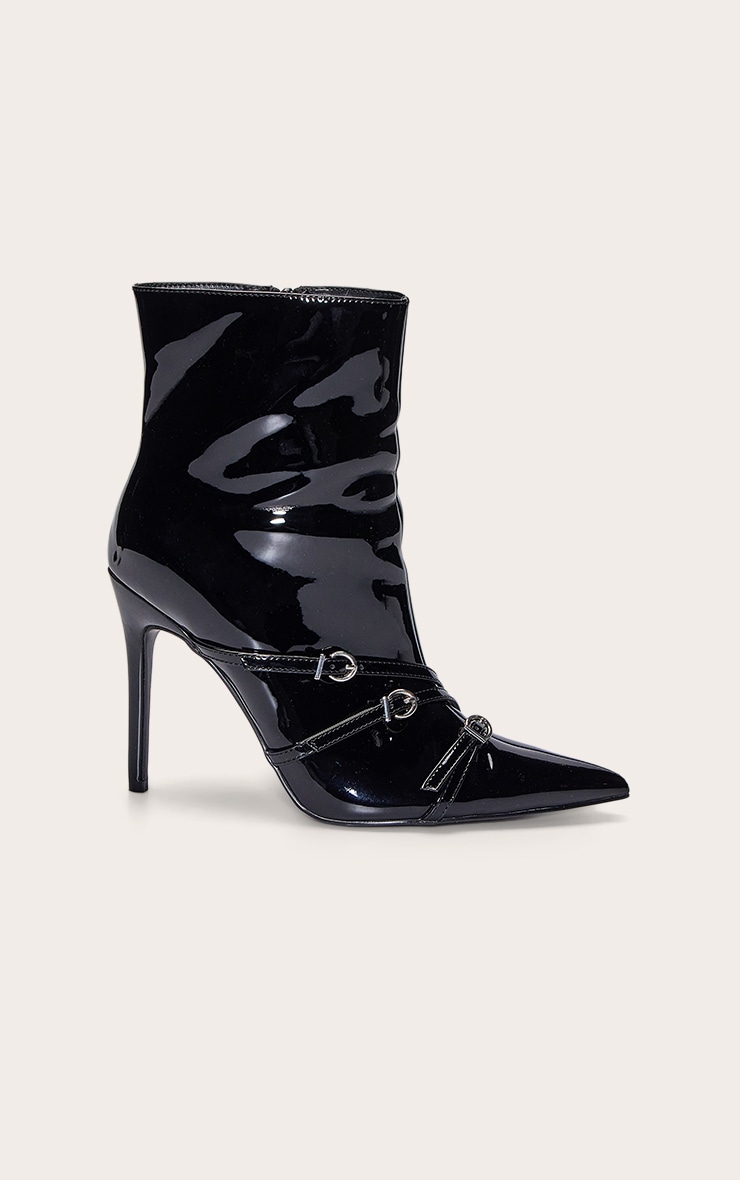 Black Patent Buckle Strap Stiletto Ankle Boot image 2