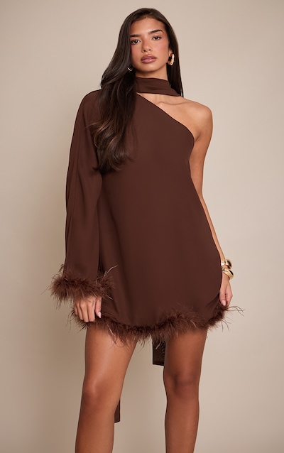 Chocolate Chiffon One Shoulder Feather Detail Shift Dress