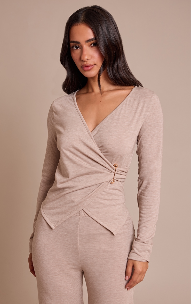 Petite Stone Trim Detail Long Sleeve Wrap Around Top