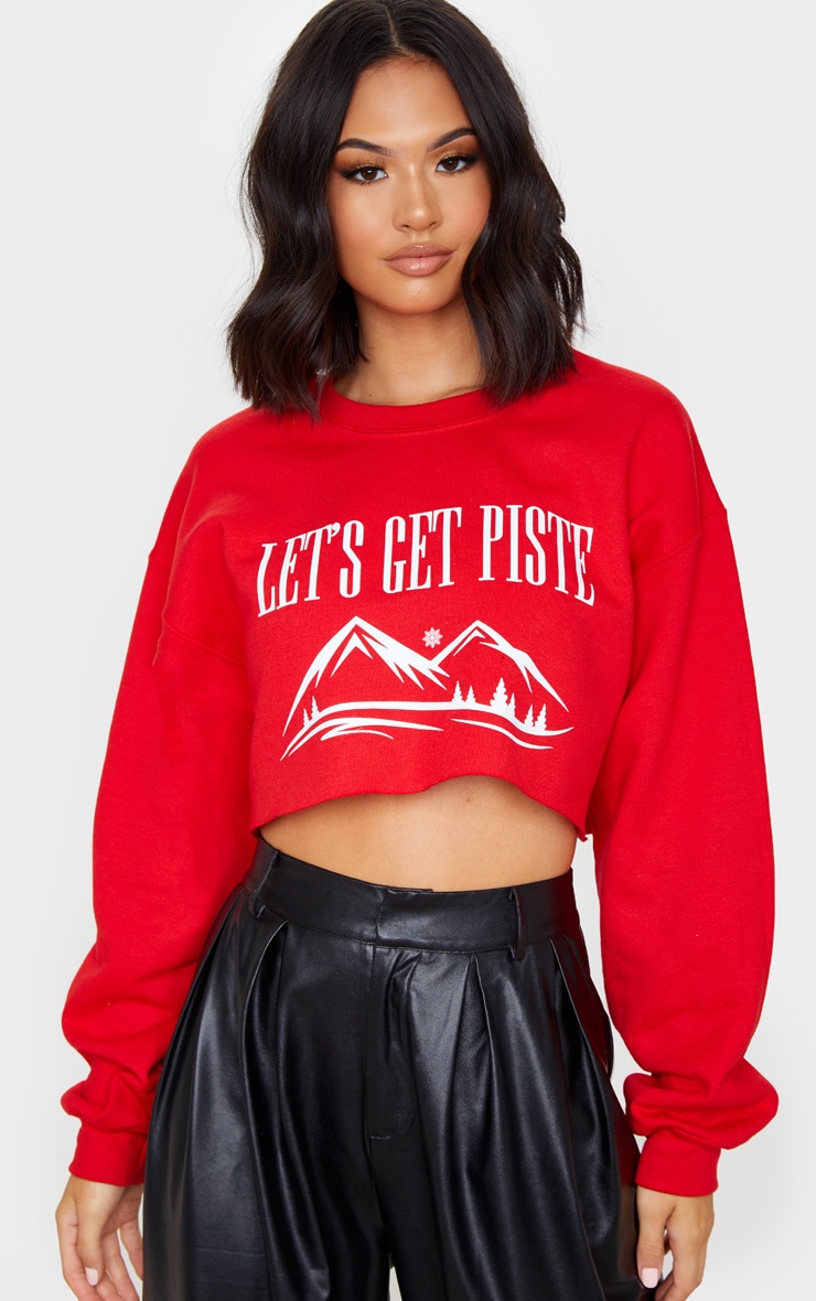Red Let's Get Piste Cropped Sweatshirt