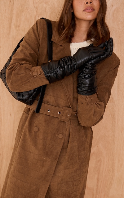 Black Faux Leather Long Ruched Gloves
