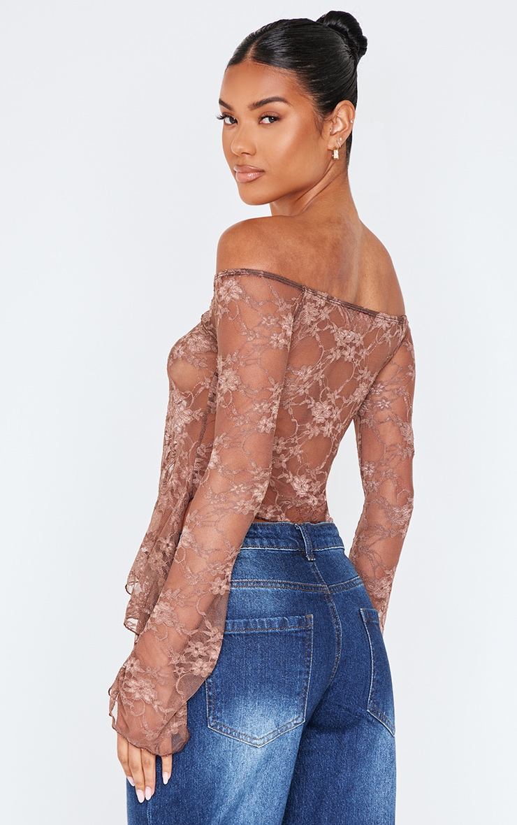Taupe Bardot Lace Detail Flared Sleeve Long Top image 2